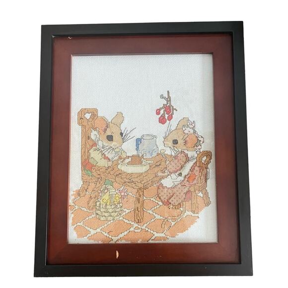 Vintage Other - Vintage Framed Cross Stitch Picture Mouse Mice Eating Picnic Lunch Cottagecore
